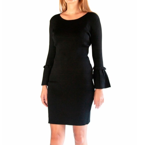 NINA LEONARD | Ribbed Knit Bell Sleeve Sweater Above- Knee Round Neckline Dress - Picture 6 of 16